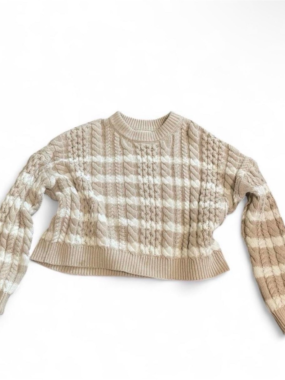 Jessica Simpson Beige and Cream Striped Cable Crewneck Sweater